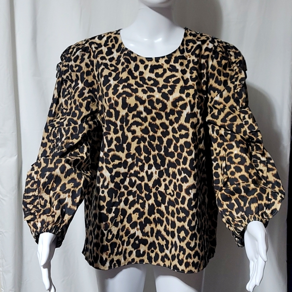 J Crew Women's Ruffle-sleeve top in leopard AS011 Size Large